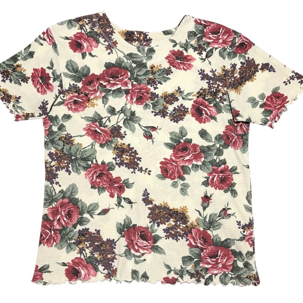 90s waffle knit floral top with lettuce hem, size large